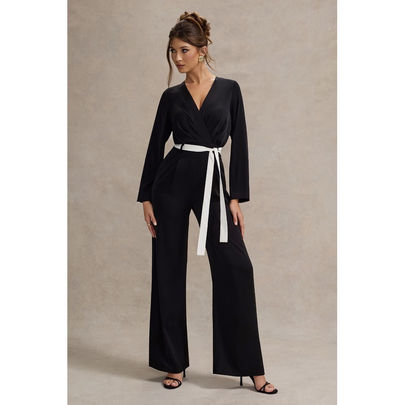 Ruba | Black Tailored Plunge Jumpsuit With Tie Waist