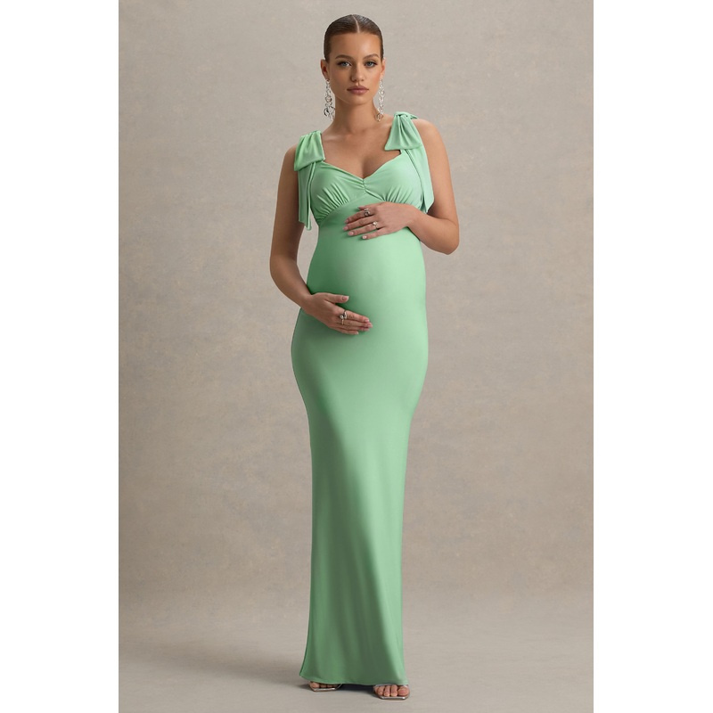 Sheen | Light Green Sweetheart Bow Strap Maternity Maxi Dress