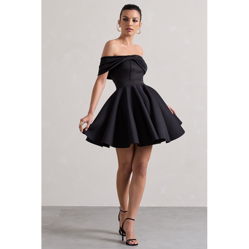 Snowfall | Black Bardot Bow Skater Mini Dress