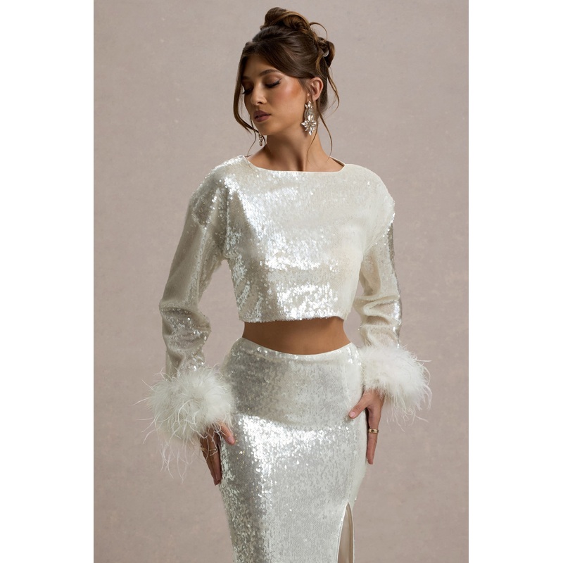 Solita | Sand Sequin Long-Sleeve Crop Top With Feather Trim