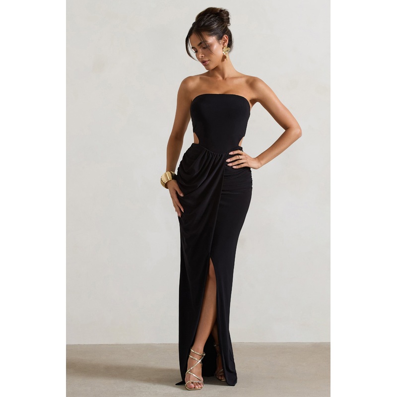 St Barts | Black Strapless Cut-Out Maxi Dress With Twist Skirt