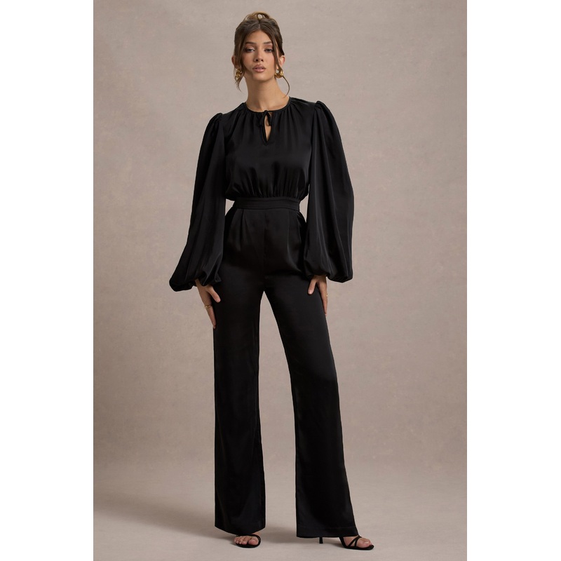 Suzanna | Black Satin Puff-Sleeve Wide-Leg Jumpsuit