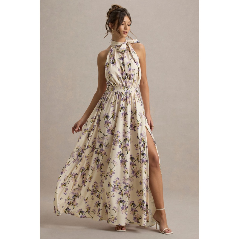 Talia | Lemon Floral Print High-Neck Split Maxi Dress With Bow