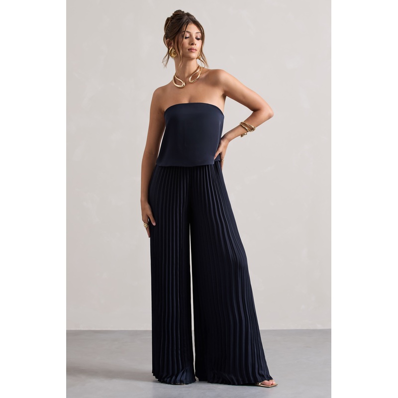 Tammi | Navy Satin Strapless Plisse Wide-Leg Jumpsuit