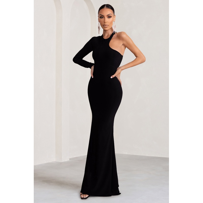 Tyra | Black Asymmetric Neck Cut Out Maxi Dress With Open Back Detail