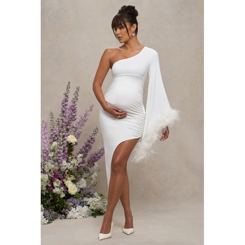 With A Flourish | White Asymmetric One-Sleeved Maternity Maxi Dress With Feathers