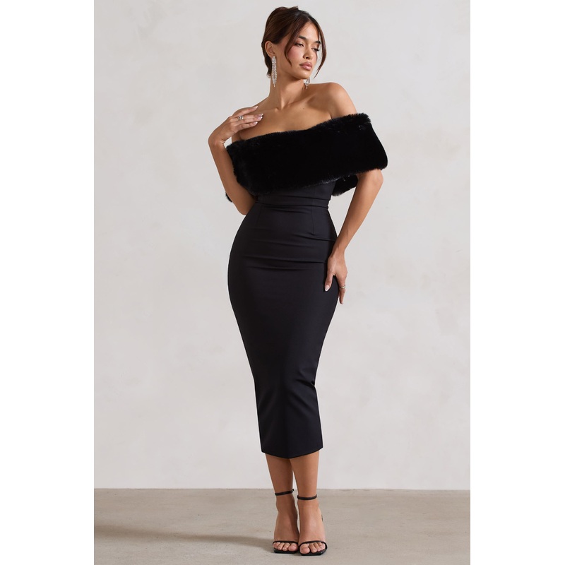 Zia | Black Bardot Midi Dress With Fur Trim