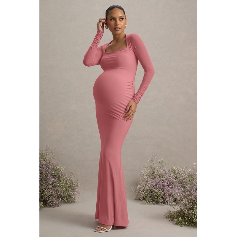 Abeam | Blush Pink Maternity Maxi Dress With Sheer Sleeves