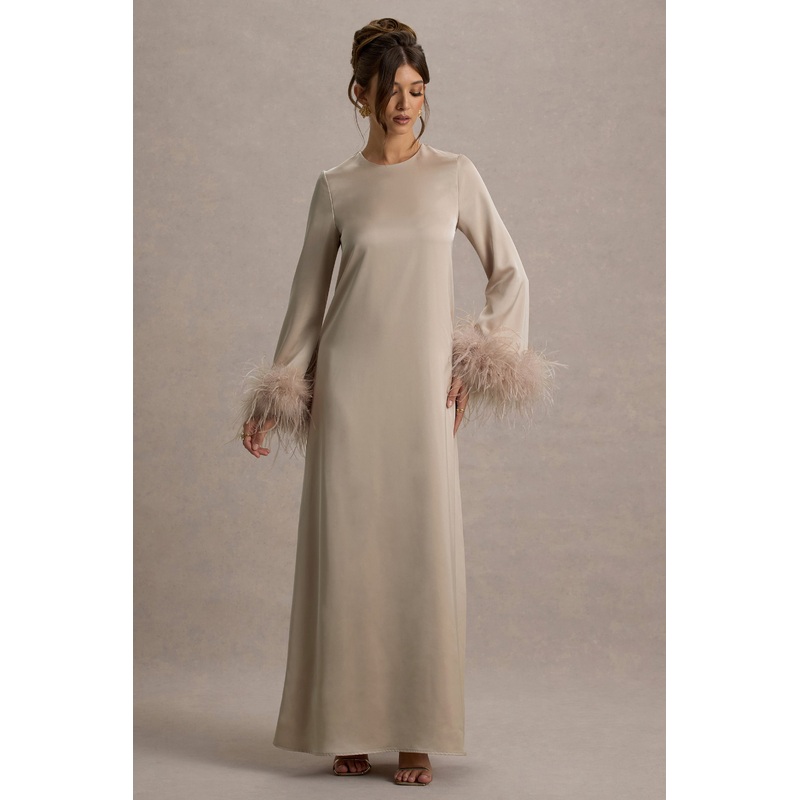 Adella | Champagne Satin Feather-Trim Maxi Dress