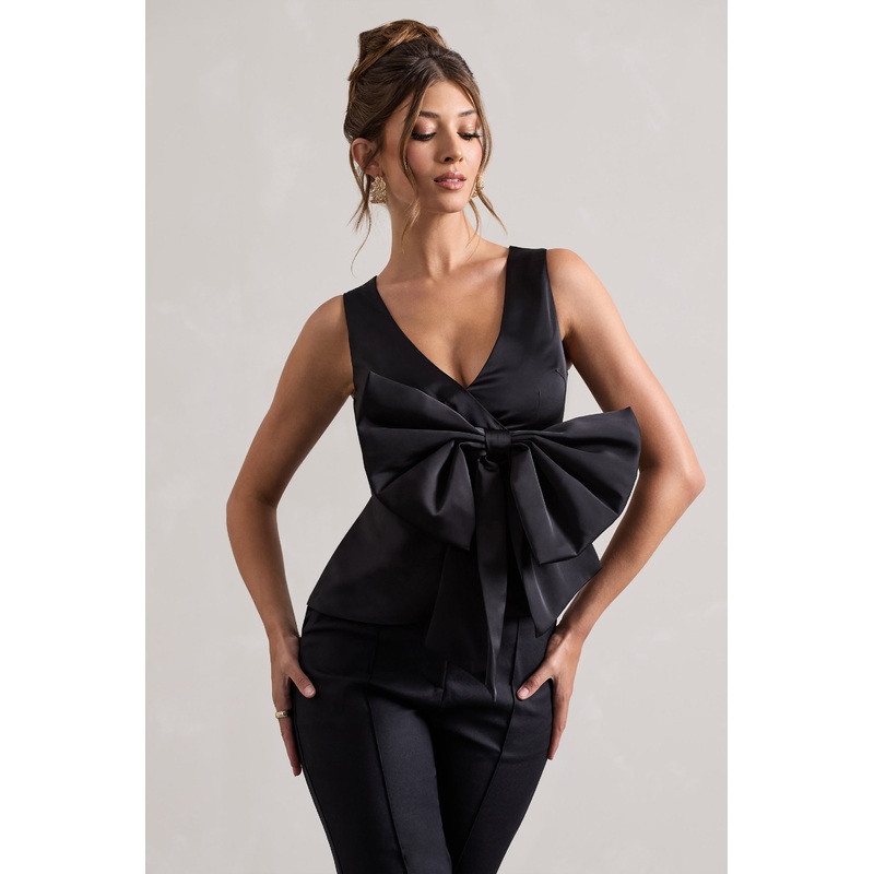 Adoration | Black Satin Plunge-Neck Top With Bow