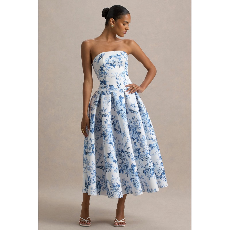 Alaina | Blue Porcelain Print Bandeau Midi Dress With Volume Skirt