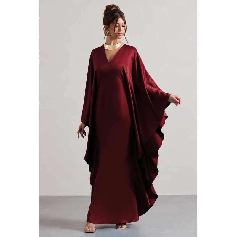 Alohi | Berry Satin Plunge Cape Maxi Dress