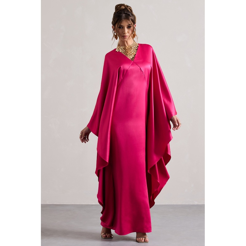 Alohi | Hot Pink Satin Plunge Cape Maxi Dress