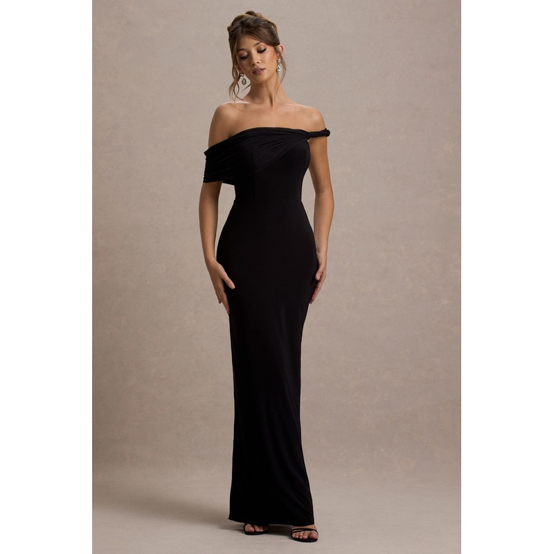 Alonza | Black Twisted Bardot Maxi Dress