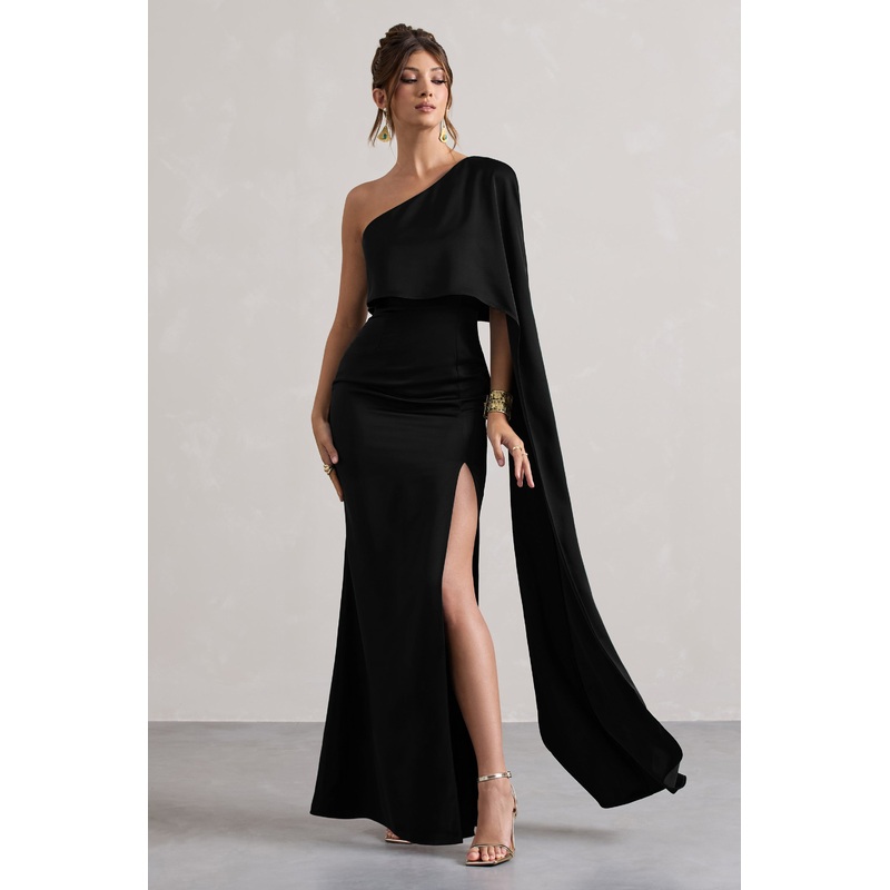 Amora | Black Satin Asymmetric Cape-Sleeve Split Maxi Dress