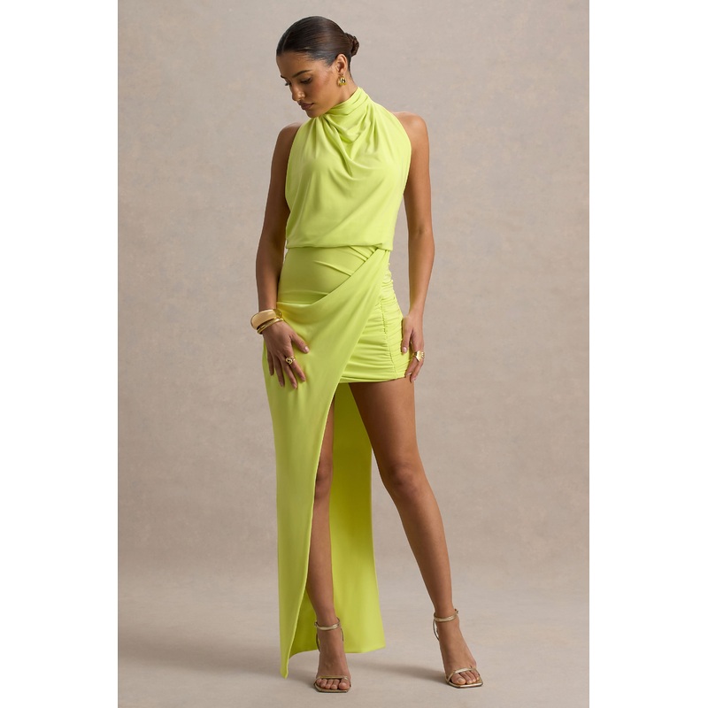 Amphitrite | Lime Green High-Neck Ruched Maxi Dress With Wrap Skirt