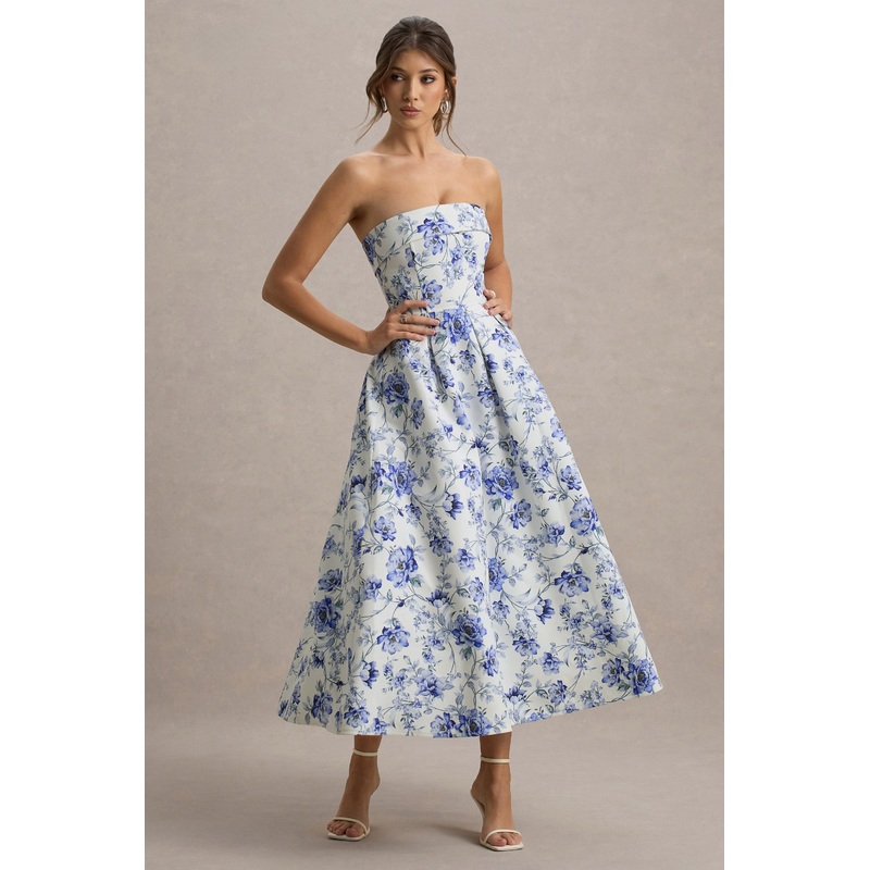 Annalise | Blue Floral Print Bandeau Skater Midi Dress