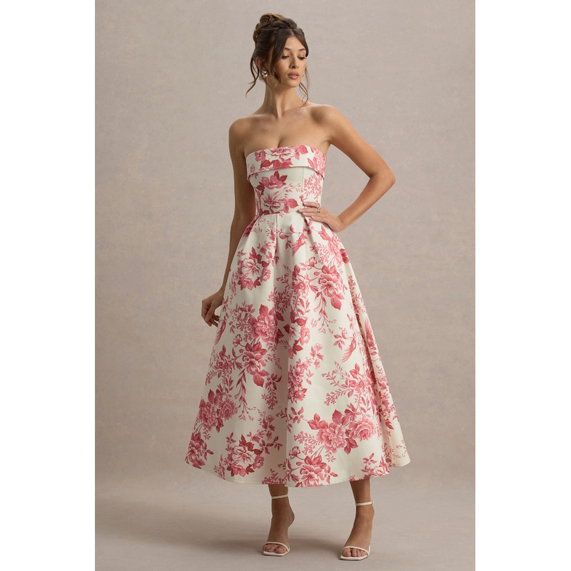 Annalise | Pink Floral Print Bandeau Skater Midi Dress