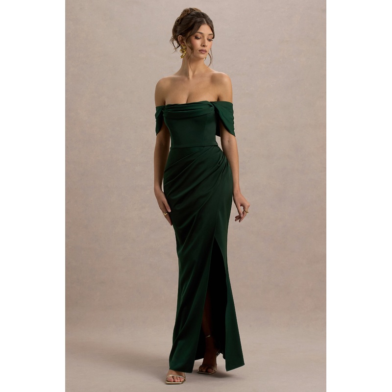 Annie | Bottle Green Satin Bardot Maxi Dress With Split Wrap Skirt