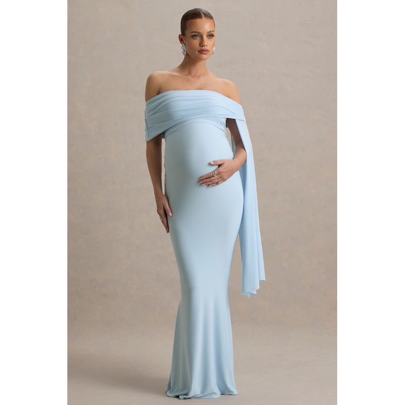 Aquila | Powder Blue Bardot Maternity Maxi Dress With Drape Sleeve