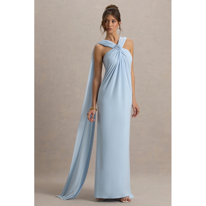 Ariana | Powder Blue Cross-Neck Maxi Dress With Cape