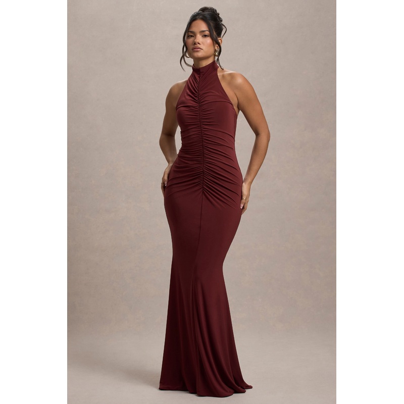 Arietta | Port High-Neck Ruched Fishtail Maxi Dress