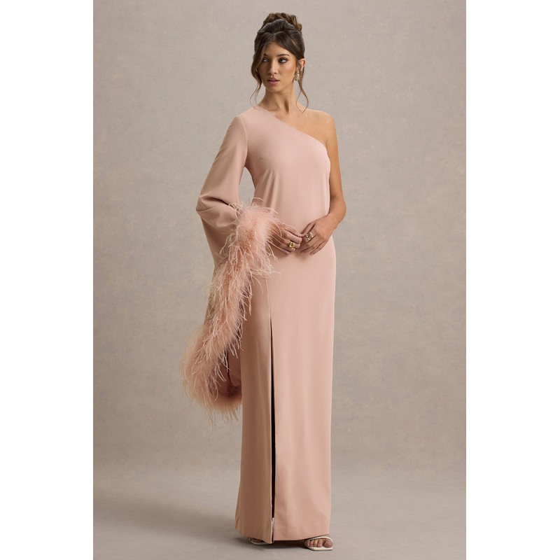 Armina | Blush Pink One-Shoulder Feather-Trim Maxi Dress