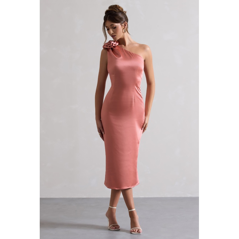 Ascot | Coral Satin One Shoulder Midi Dress With Corsage