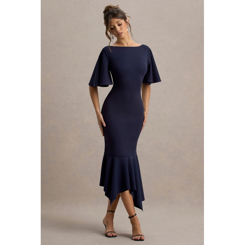 Ashling | Navy Flutter-Sleeve Hanky-Hem Midi Dress
