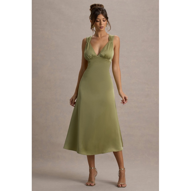 Beck | Light Green Satin Plunge-Neck Cross-Back Midi Dress