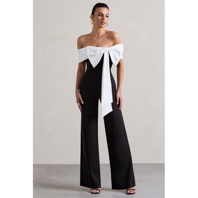 Bower | Black Bardot Straight-Leg Jumpsuit With Bow