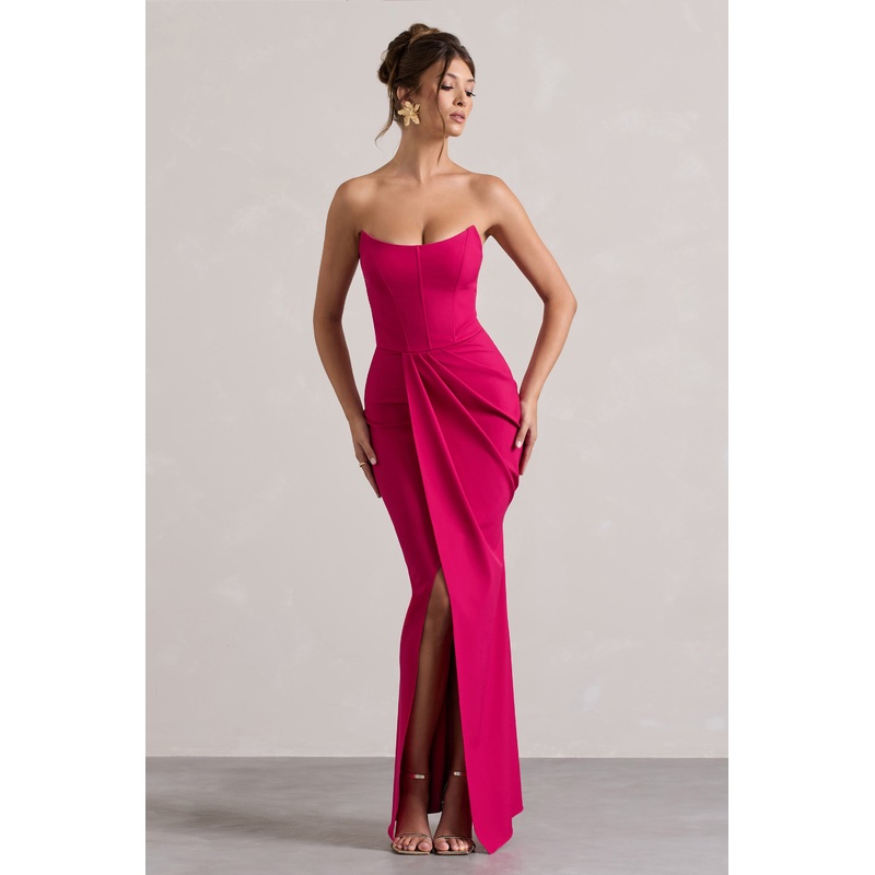 Brigitte | Hot Pink Strapless Corset Wrap Maxi Dress