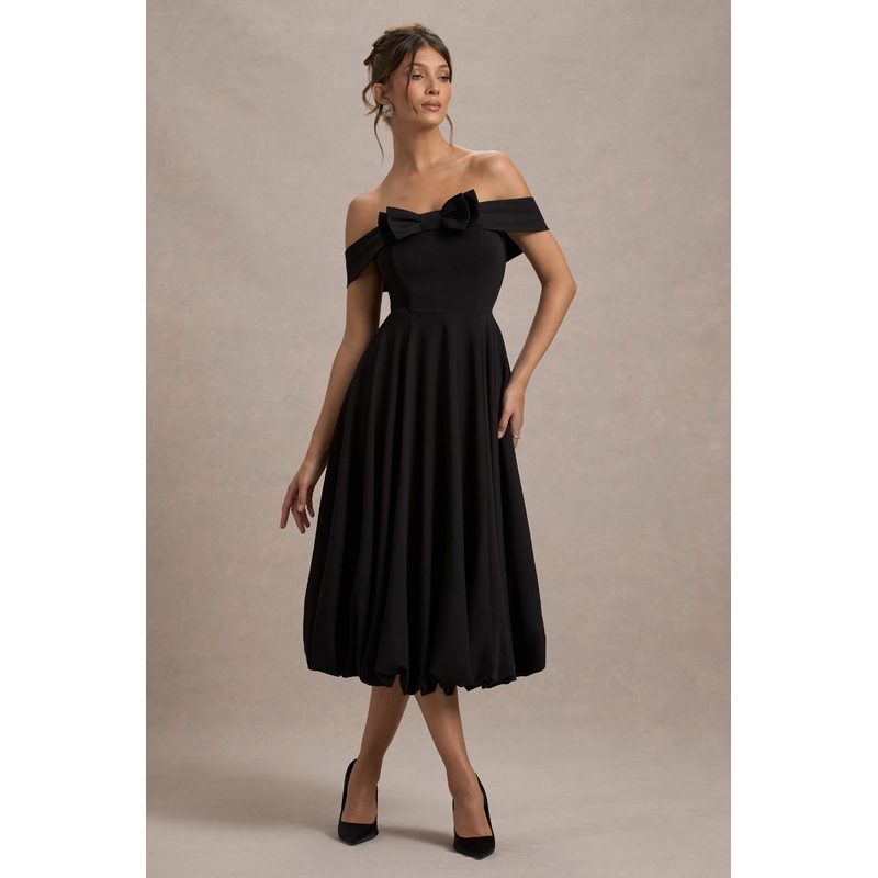 Calliopia | Black Bow Bardot Midi Dress With Puff-Ball Skirt