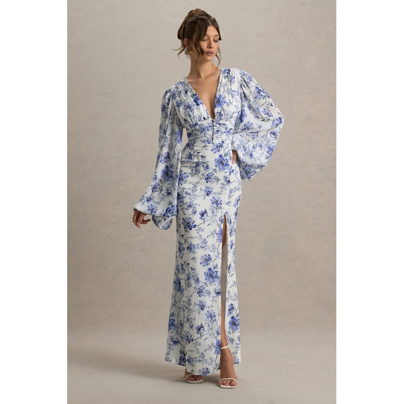 Casarile | Blue Floral Print V-Neck Balloon Sleeve Maxi Dress
