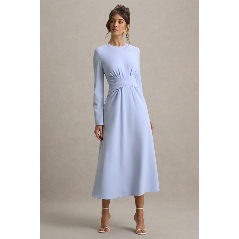 Cassiopeia | Powder Blue Long-Sleeve Midi Dress With Cross Waist