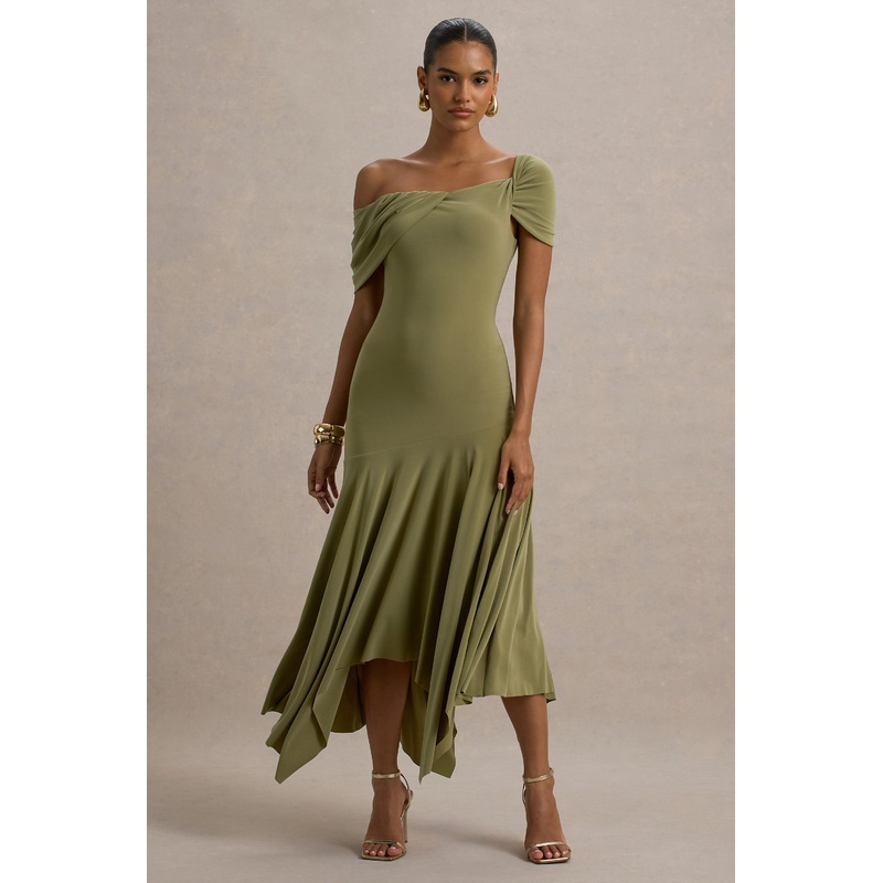 Castor | Olive Asymmetric Midi Dress