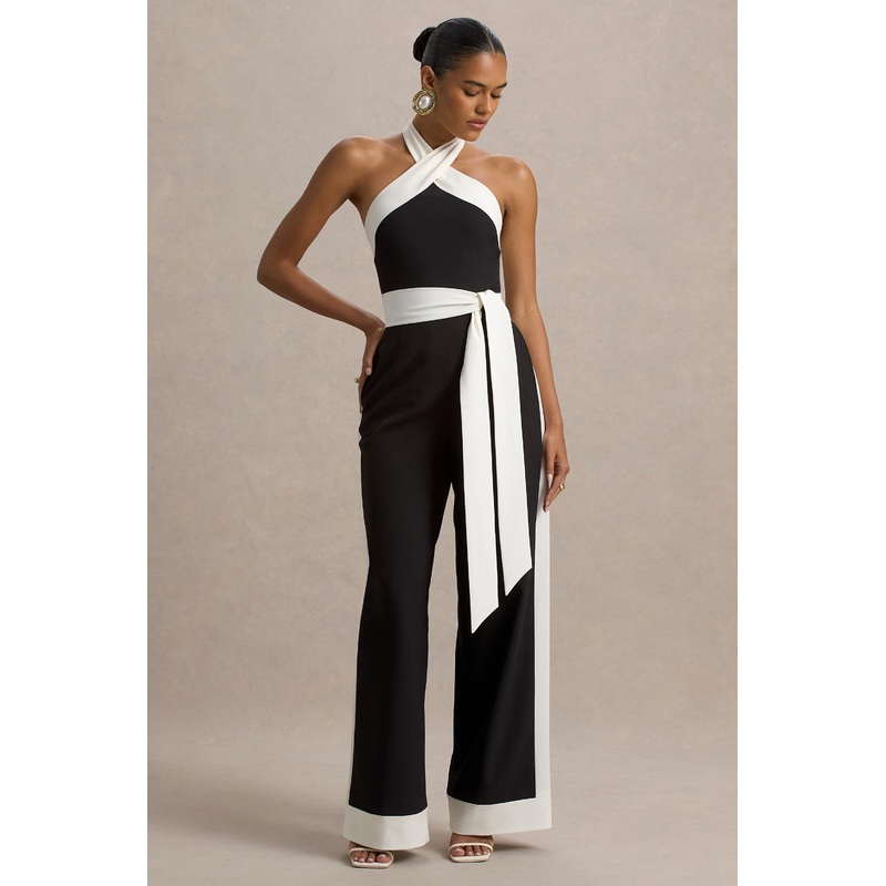 Caterina | Black & White Halter-Neck Wide-Leg Jumpsuit