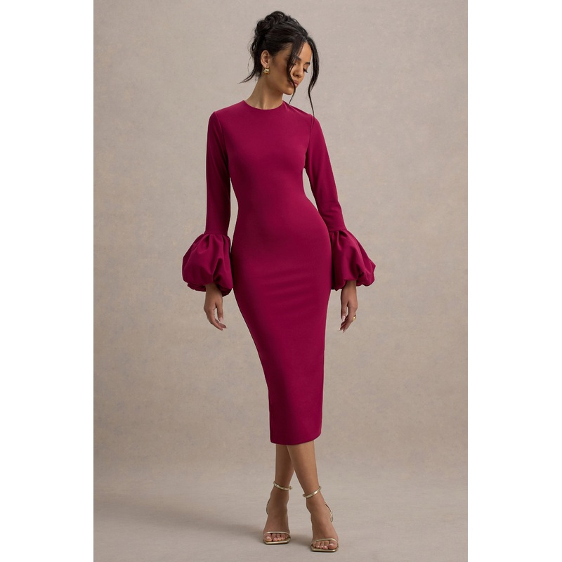 Celie | Mulberry Long-Sleeve Midi Dress With Puff Cuffs