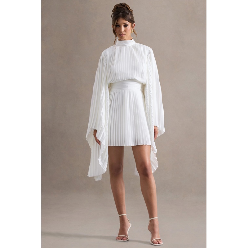 Charity | White Pleated High-Neck Mini Dress With Cape Sleeves