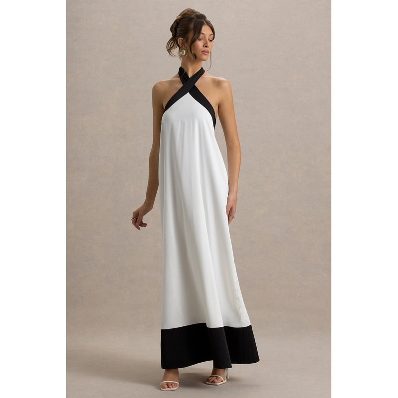 Clarabella | White & Black Halter-Neck Maxi Dress
