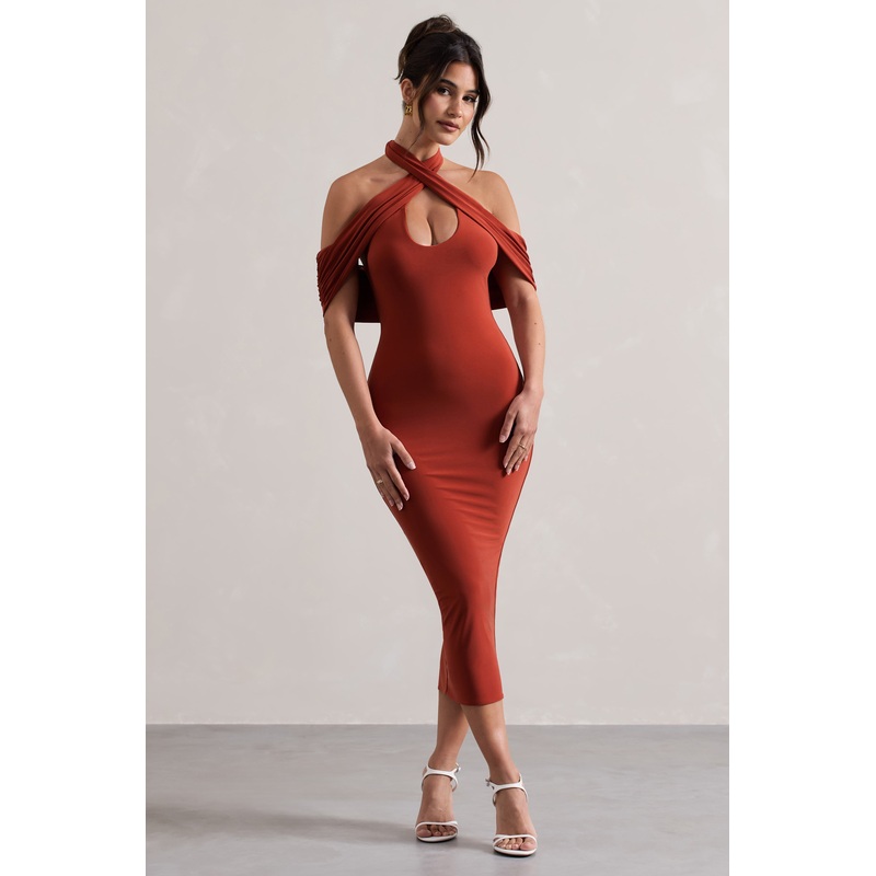Connect | Terracotta Bodycon Halter-Neck Midi Dress With Cut-Out