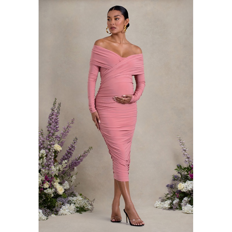 Davina | Blush Pink Ruched Twist Bardot Long-Sleeve Maternity Midi Dress