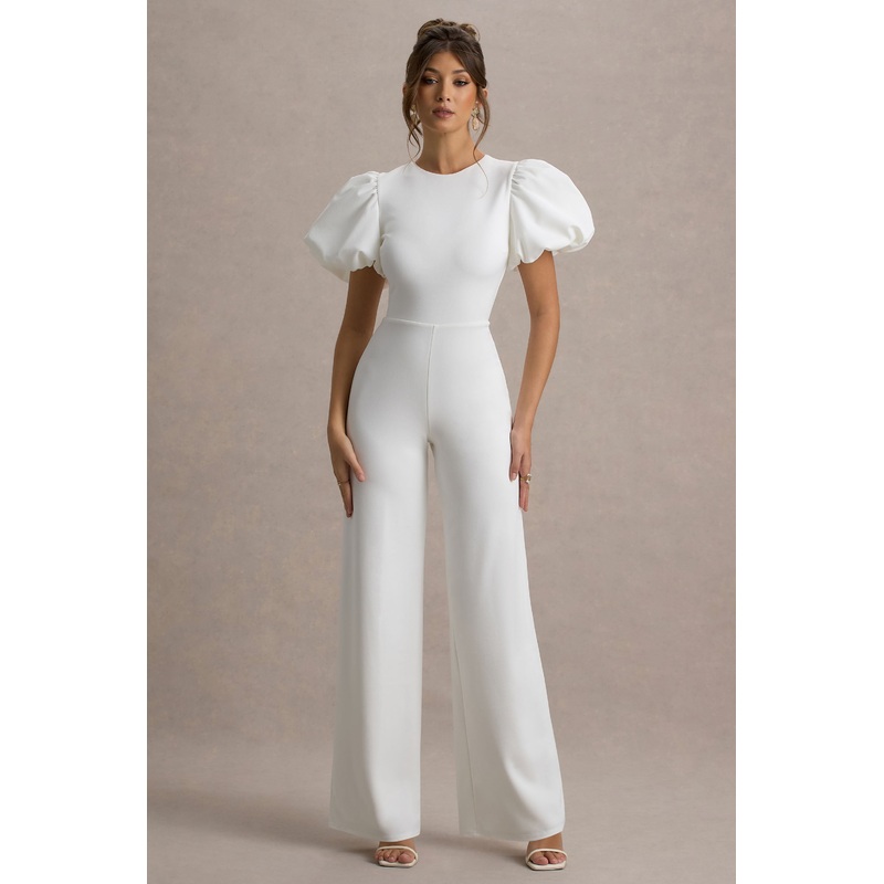 Dillon | White Puff-Sleeve Straight-Leg Jumpsuit