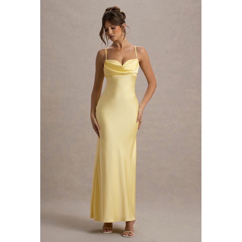 Eimear | Lemon Satin Draped Sweetheart Maxi Dress