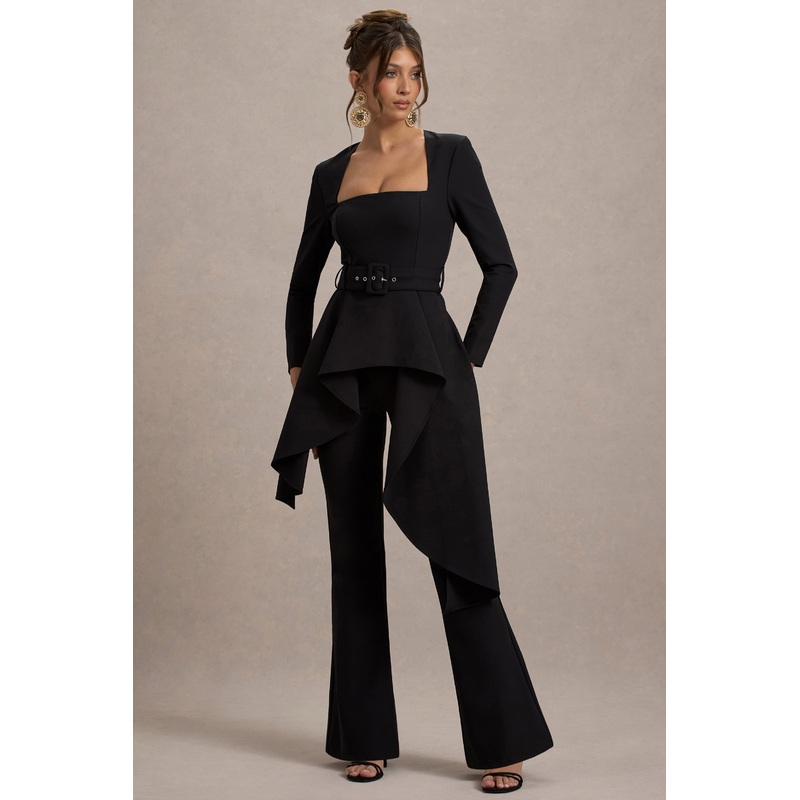 Eminent | Black Square-Neck Flared-Leg Jumpsuit With Draped Waist