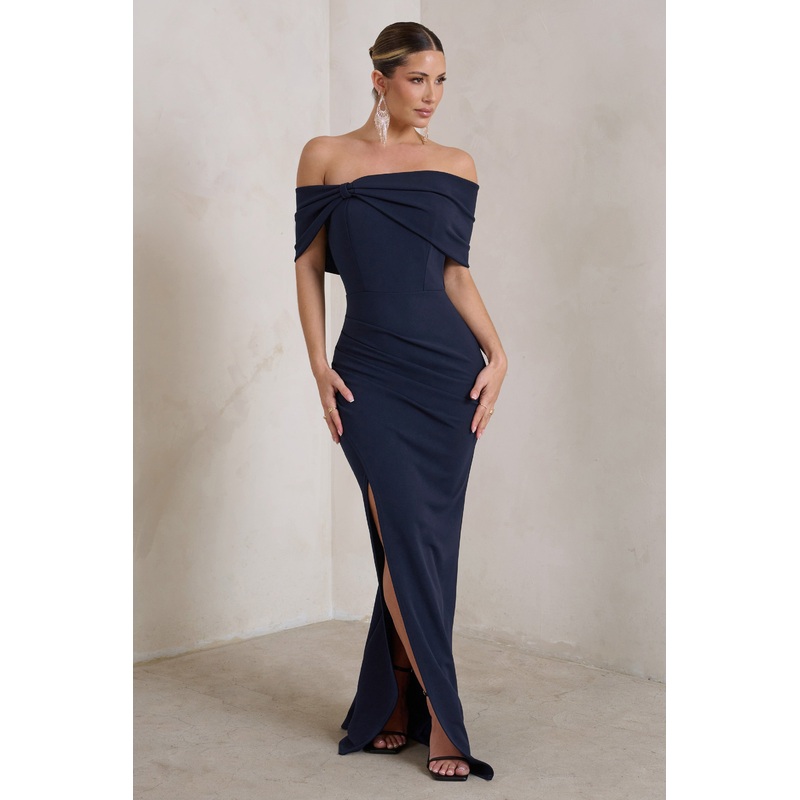 Eva | Navy Bardot Bow Detail Maxi Dress With Thigh Split