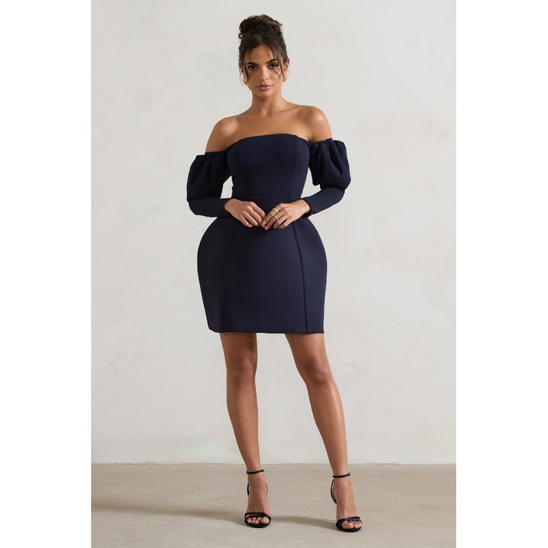 Evangeline | Navy Structured Bardot Puff-Sleeve Mini Dress