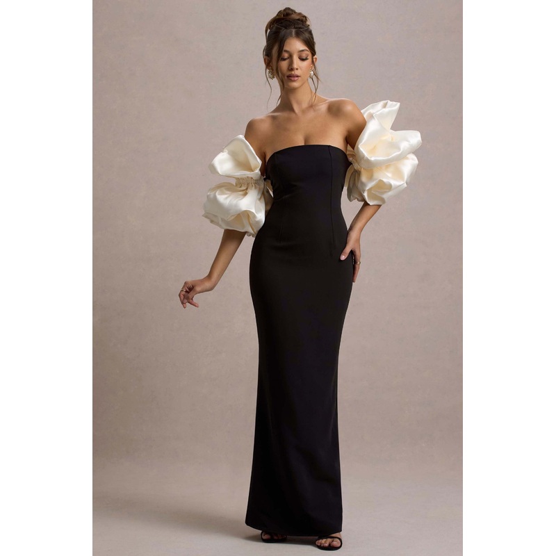 Evermore | Black & Cream Puff-Sleeve Maxi Dress