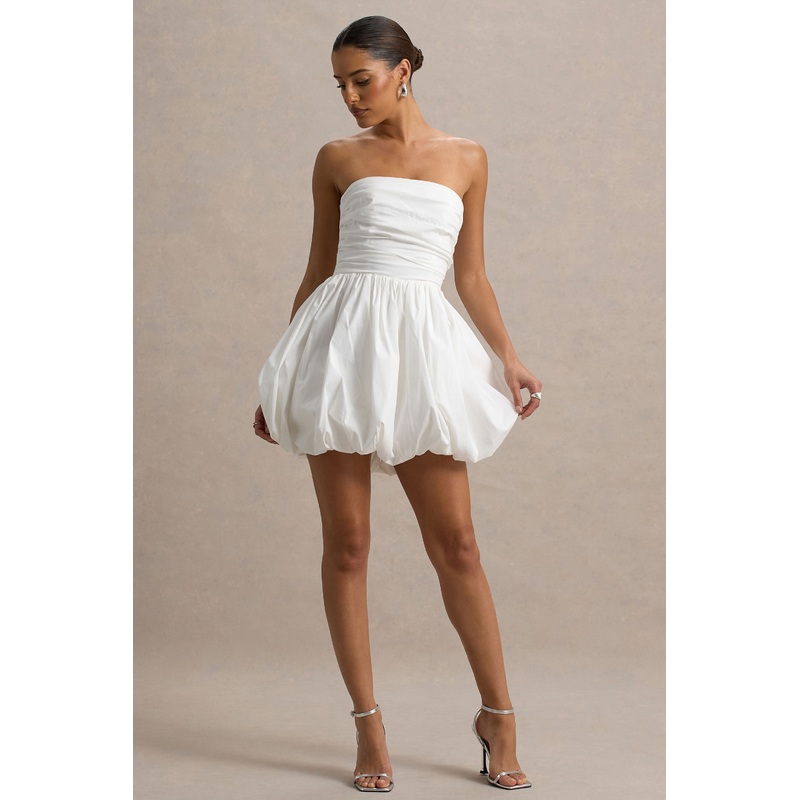 Faye | White Puff Ball Bandeau Micro Mini Dress With Ruching Details