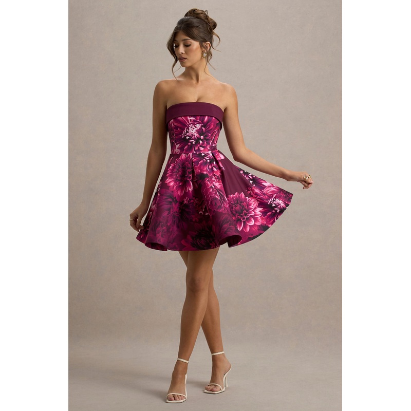 Fiorenza | Pink Floral Print Bandeau Skater Mini Dress